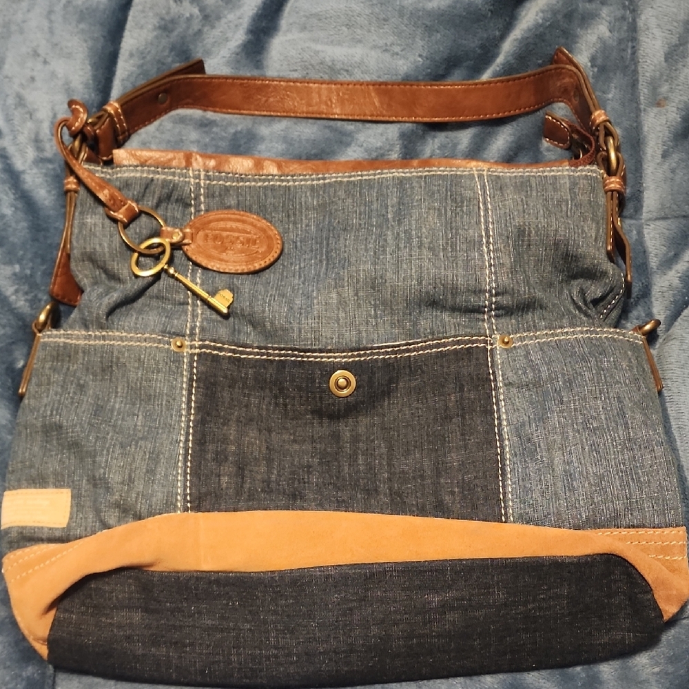 Denim and Leather Patchwork Fossil Shoulder Bag